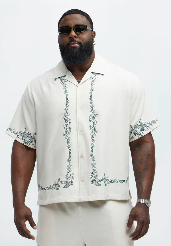 Wine Border Hand Embroidered Cuban Shirt - White