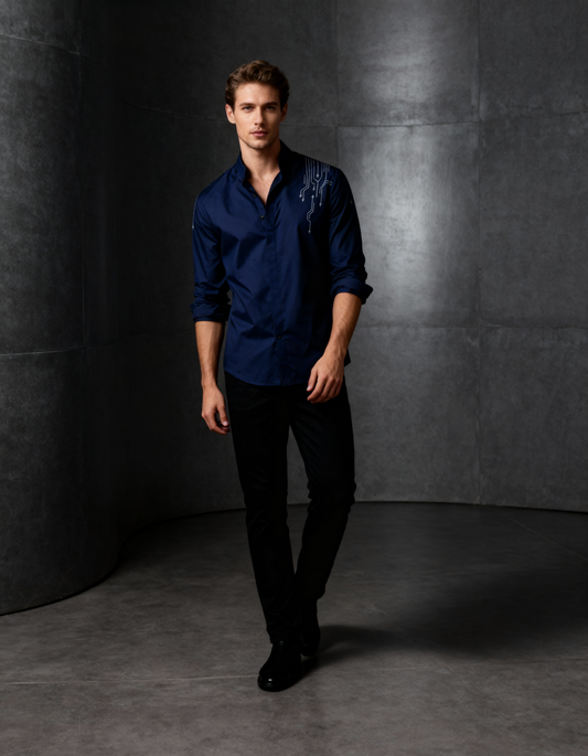 Nocturne Circuit — Handcrafted Embroidered Tech-Art Shirt