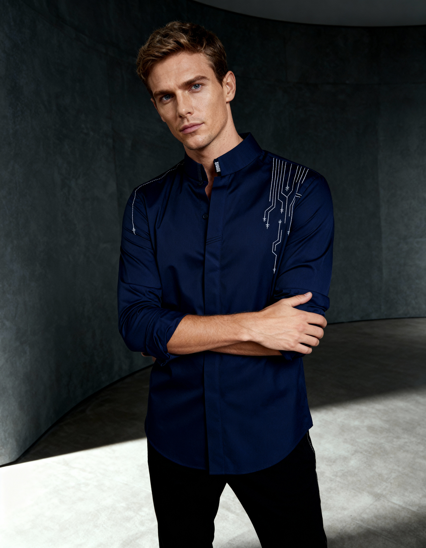 Nocturne Circuit — Handcrafted Embroidered Tech-Art Shirt