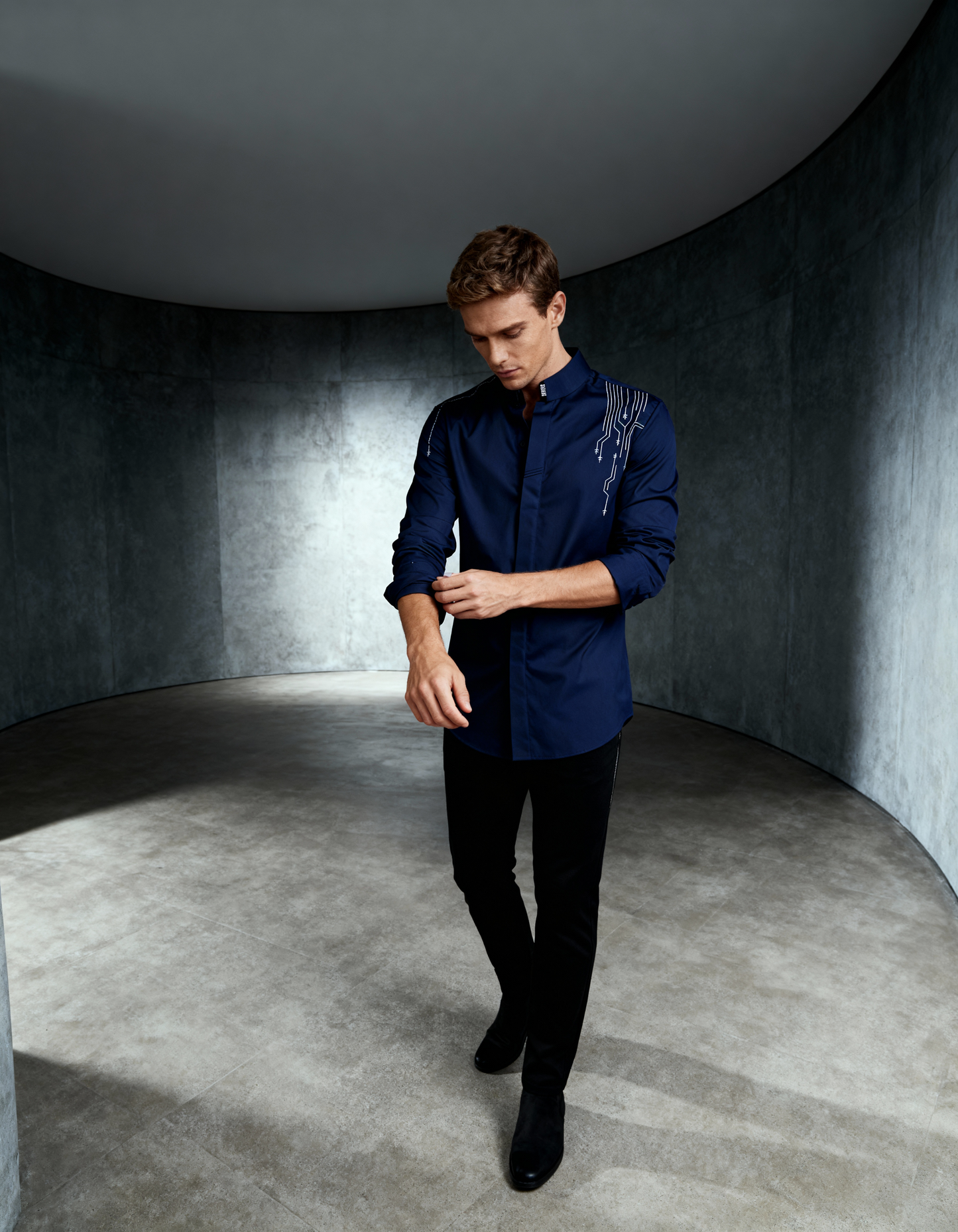 Nocturne Circuit — Handcrafted Embroidered Tech-Art Shirt