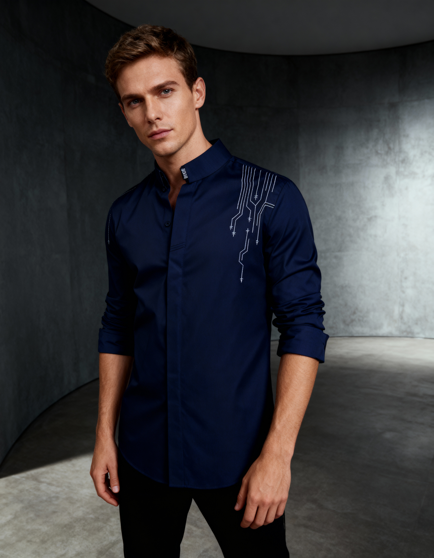 Nocturne Circuit — Handcrafted Embroidered Tech-Art Shirt