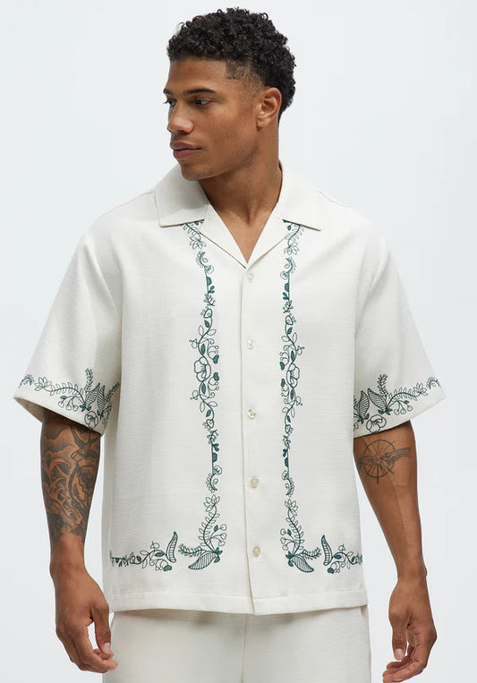 Wine Border Hand Embroidered Cuban Shirt - White