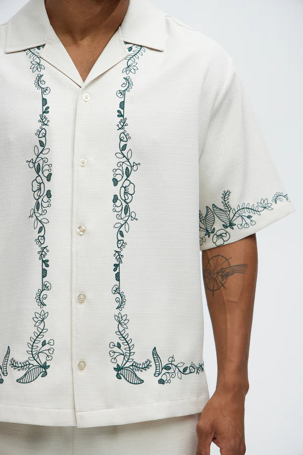 Wine Border Hand Embroidered Cuban Shirt - White