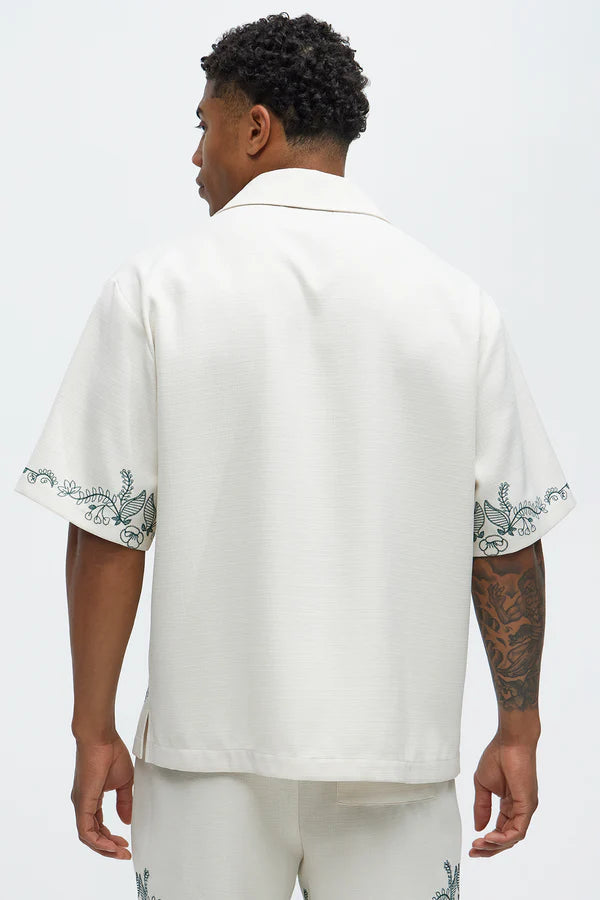 Wine Border Hand Embroidered Cuban Shirt - White