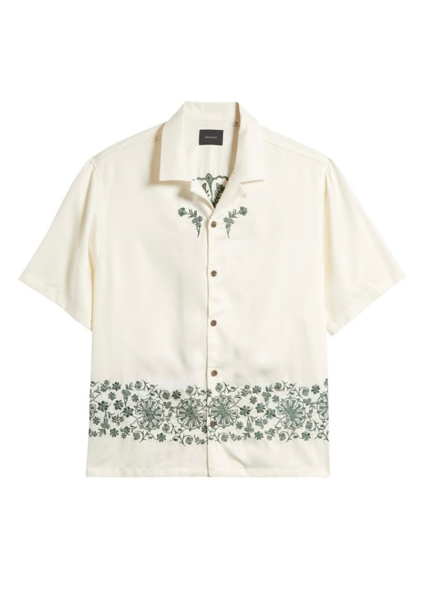 Floral Hand Embroidered Cuban Shirt - White