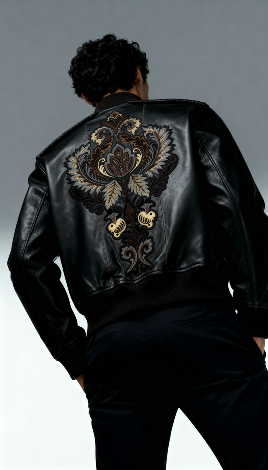 Throneborne Embroidered Leather Bomber Jacket