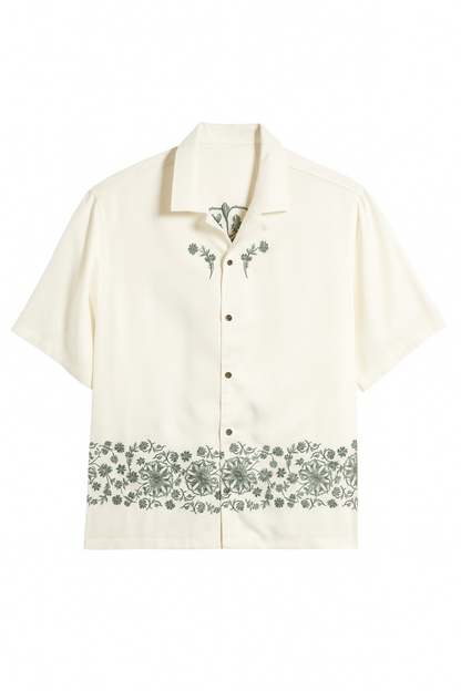 Floral Hand Embroidered Cuban Shirt - White